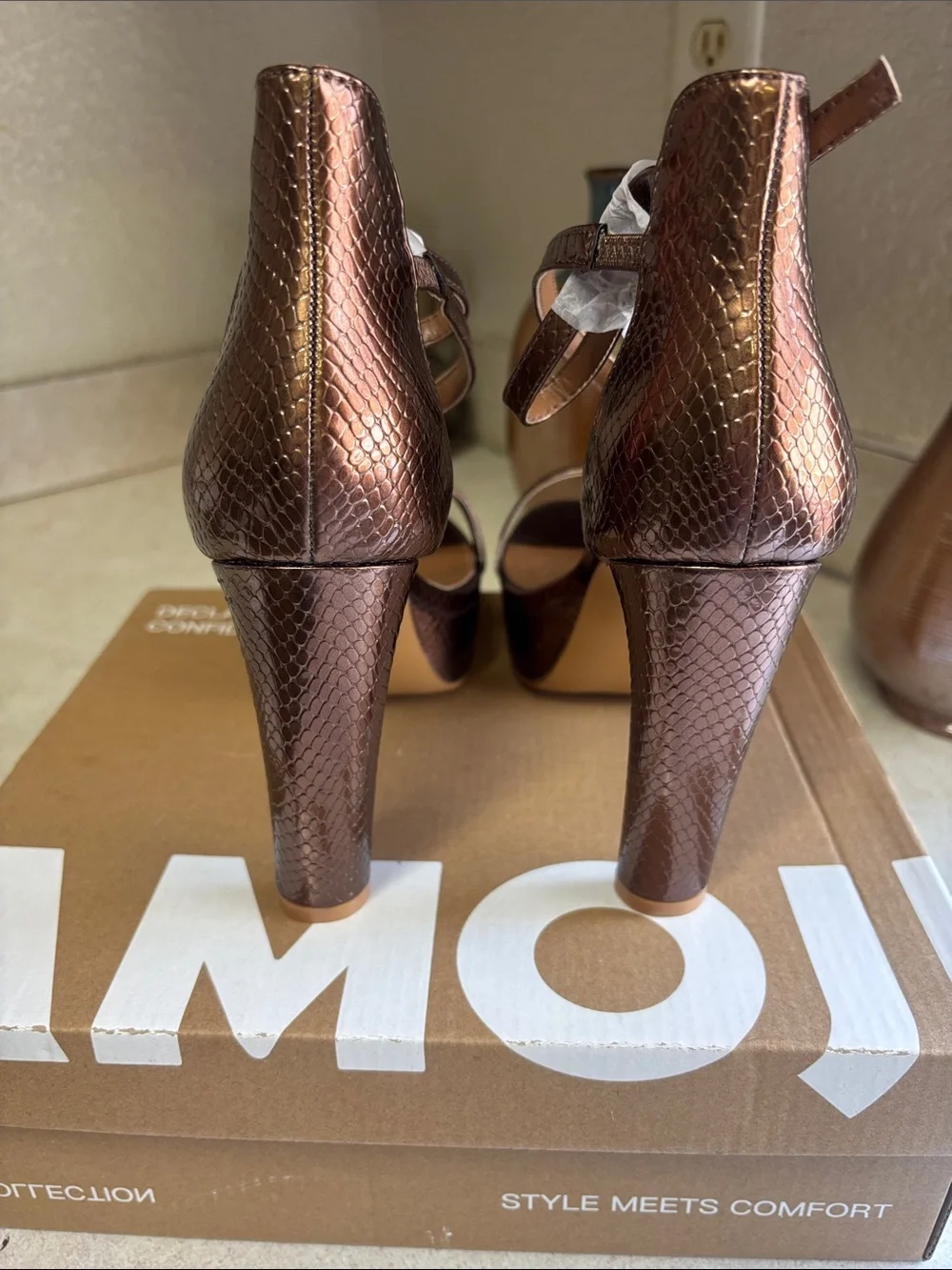 Sam Edelman Metallic Bronze Snake-Embossed Platform Sandals
